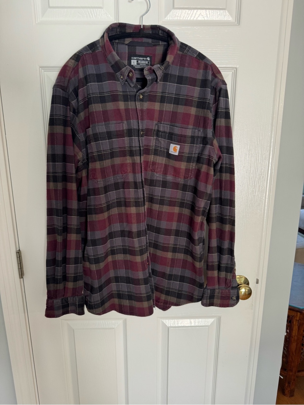 Carhartt Men's Burgundy and Gray Plaid Button-Down Shirt